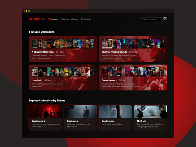 Shudder — Collections Concept browse concept dark mode gradient horror movie app movies redesign shudder streaming app ui ui ux web app