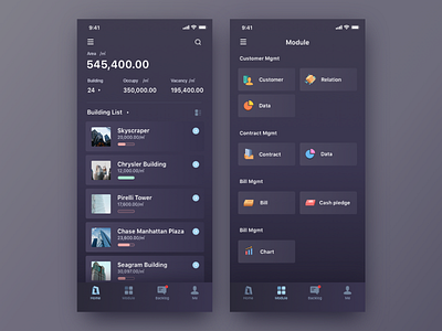 Building Mgmt app black building card data interface ui