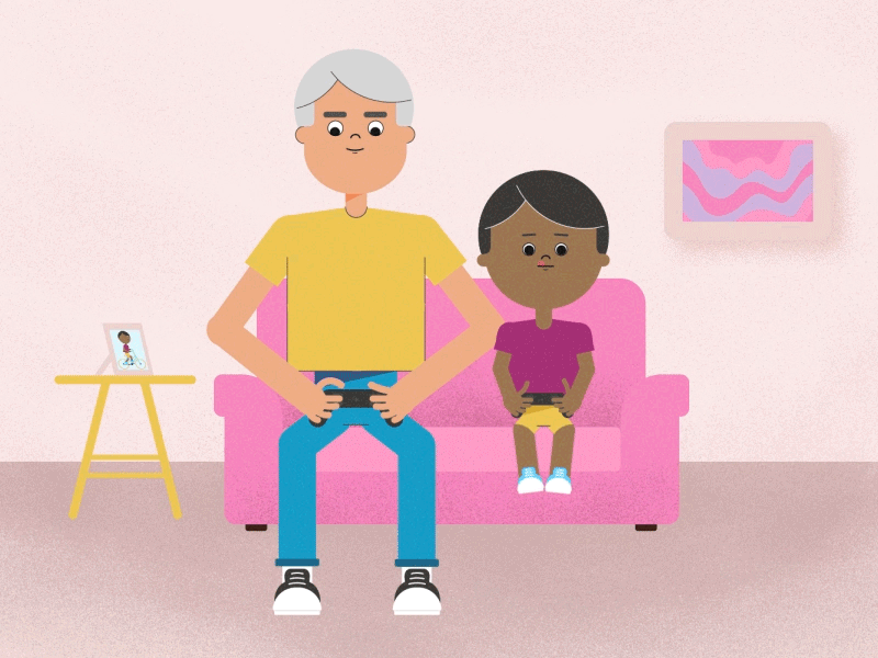 Like father like son animation character design explainer family father flat illustration joystick kid motion room sofa son video game videogame