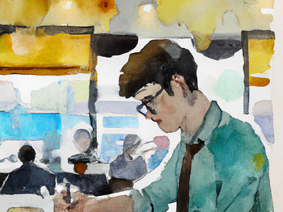 Watorcolor of a handsome writer in a coffee shop