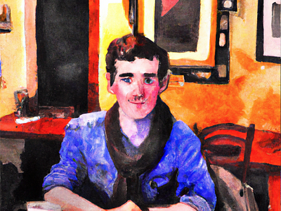 Watercolor of a Handsome Man in an Irish Cafe
