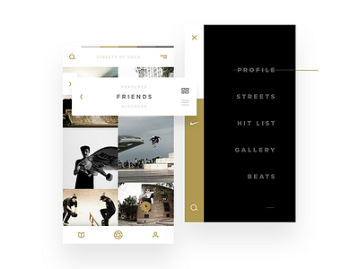 Nike SB - Streets of Gold app design black gold native app nike nike sb skateboarding ui uiux