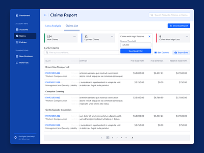 Claims Report dashhboard data enterprise filters insurance table ui web