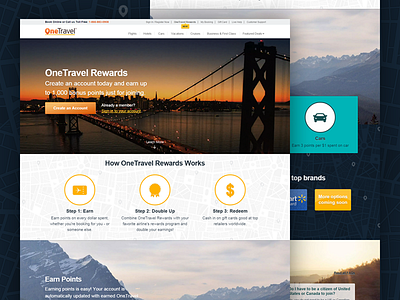 OneTravel Rewards corporate landing loyalty rewards splash travel ui video web