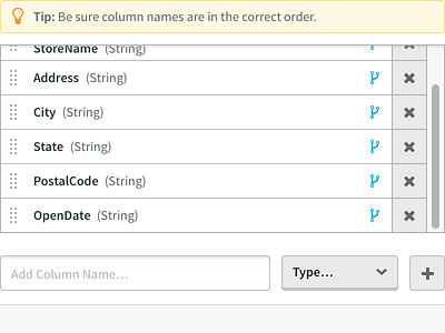 Add Column Name... admin administration data mapping settings table