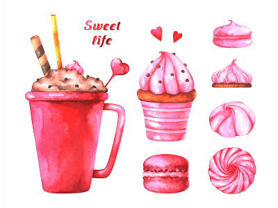 Watercolor sweets clipart cute food hand drawn illustration sweet watercolor