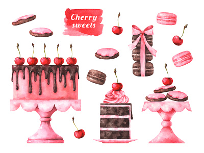 Watercolor cherry sweets cafe cake cookie dessert food hand drawn illustration menu sweet watercolor