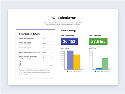 ROI Calculator form graphs project management project management tool roi ui ux web web application web design website