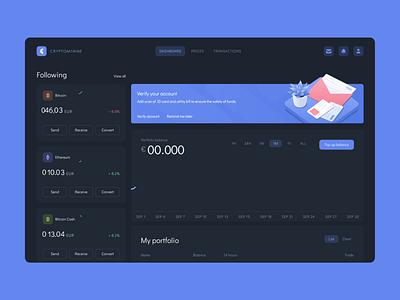 Dashboard animation for cryptocurrency exchange platform after effects analytic animation balance bitcoin cash chart crypto cryptocurrency dark theme dashboad exchange illustration mentalstack money rate ui ux wallet withdraw