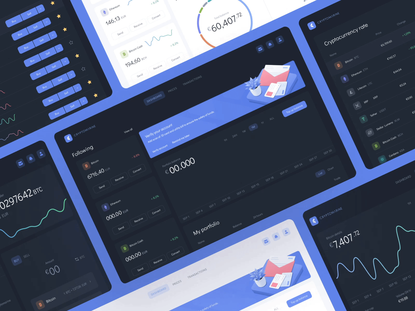 Cryptocurrency exchange platform analytics animation bitcoin blue chart crypto wallet cryptocurrency dark theme dashboad exchange illustration light theme mentalstack money rate withdraw