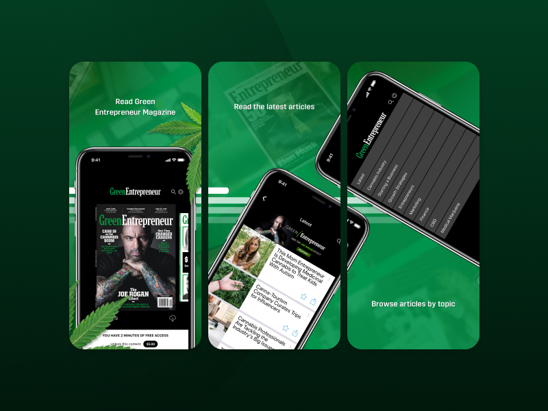 Green Entrepreneur App Screenshots business ui early access mobile app entrepreneurs magazine product cannabis entrepreneur screenshots app store