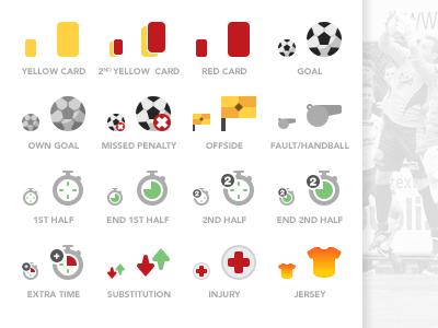 Football (Soccer) Icons - PSD Freebie fault football goal icons injury jersey offside own goal red card soccer substitution yellow card