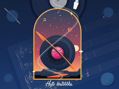 Hello Dribbble! design dream icon illustration illustrator music planet space ui ux vector vinyl world