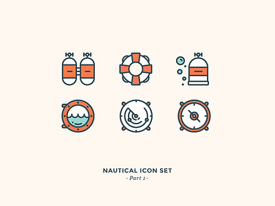 Nautical Icon Set air tanks bubbles compass diving icons lifebuoy nautical navigation ocean outline sea water