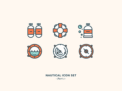Nautical Icon Set air tanks bubbles compass diving icons lifebuoy nautical navigation ocean outline sea water