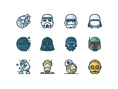 Star Wars Filled Icons bb8 boba fett c3po darth vader death star droid icons kylo outline r2d2 star wars stormtrooper