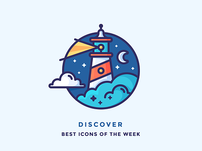 Discover best icons of the week! badge discover icon illustration light lighthouse moon night outline sailing sea ship