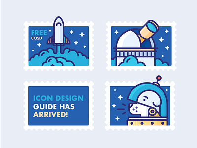 Icon Design Guide has Arrived! dog helmet icon illustration observatory outline post rocket space stamps stars