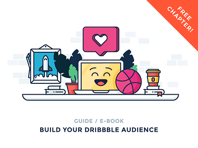 Build Your Dribbble Audience ball coffee computer dribbble emoji followers icon illustration likes outline table workspace