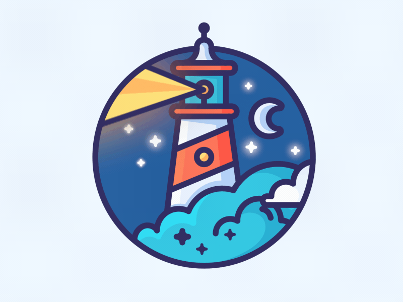 Lighthouse! clouds icon illustration lighthouse moon night outline see ships sky stars