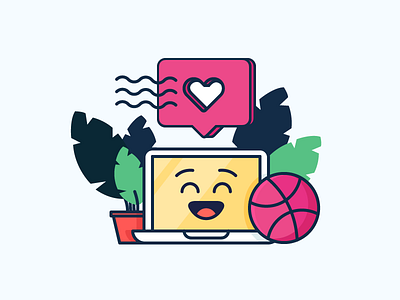 Happy Computer! computer dribbble emoji icon illustration leaves like mac macbook outline plant smile