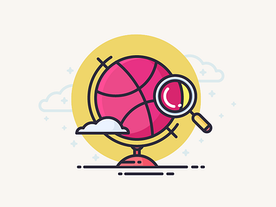 Dribbble Globe ball clouds dribbble explore globe icon illustration magnifying glass outline travel view world