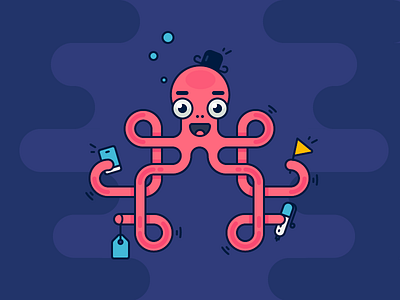 Productive Octopus! character emoji happy icon illustration job to be done octopus outline sea smiling work