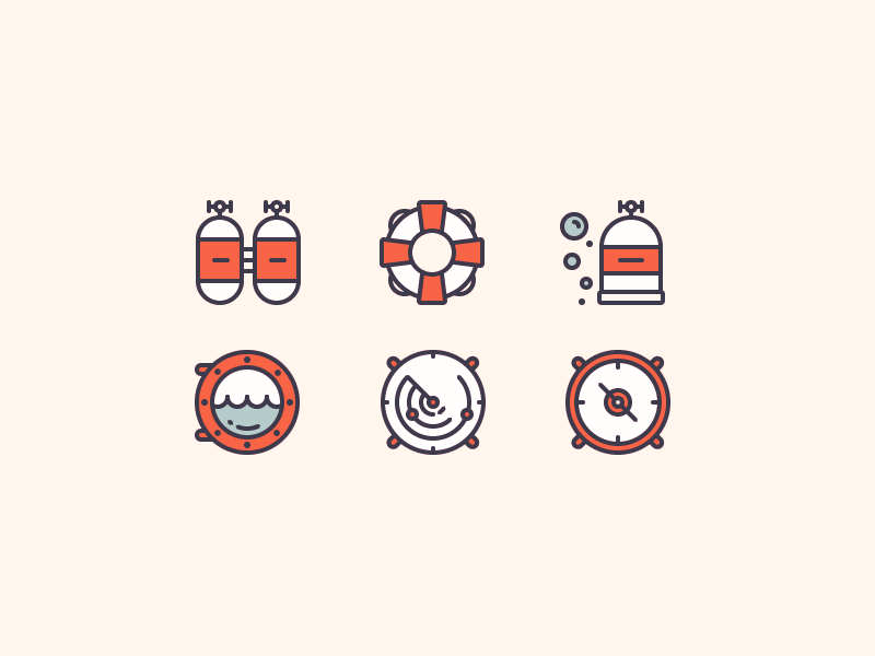 Nautical Icons ocean ship submarine diving navigation compass lifebuoy nautical sea illustration outline icon