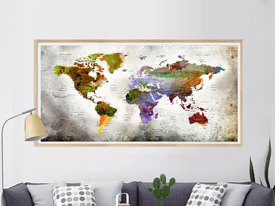 Colorful World Map Poster Push Pin World Map wall Art, Abstract living room decor