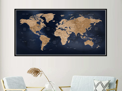 Dark blue World Map print Poster Push Pin World Map wall Art, Ab living room decor