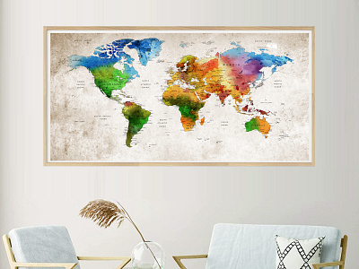 Large World Map print on Poster Push Pin World Map wall Art, Abs
