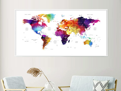 World Map Push Pin, Large World Map Wall Art Poster, Watercolor living room decor