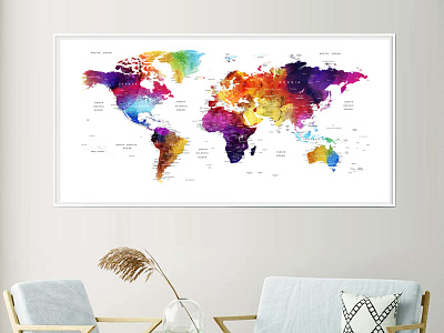 World Map Push Pin, Large World Map Wall Art Poster, Watercolor