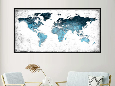 Large World Map Poster Watercolor Wall Hanging, turquoise black living room decor