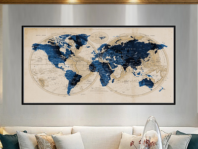 World Map Wall Decor, PushPin world map Poster Prints, Navy blue living room decor