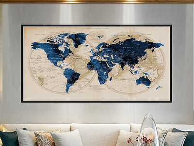 World Map Wall Decor, PushPin world map Poster Prints, Navy blue