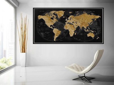 Push Pin World Map black and brown World Map Print on Poster Wal