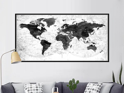 black and white World Map wall art Poster print Travel Map Push living room decor