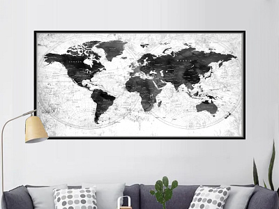 black and white World Map wall art Poster print Travel Map Push