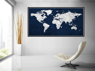 Navy blue World Map wall art push pin Poster Travel Map Gift, Ex gift for him living room decor
