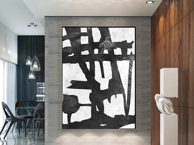 Abstract Original painting geometric large wall art, black and w geometric painting