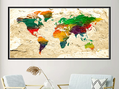 Colorful detailed push pin World Map Poster print wall art home living room decor