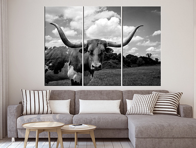 Black and White Animal Canvas Wall Art Highland Cattle Texas Lon