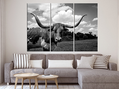 Black and White Animal Canvas Wall Art Highland Cattle Texas Lon