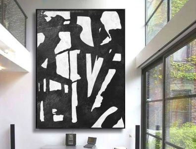 black and white wall art Large abstract original painting on can geometric painting