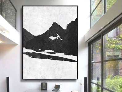 Abstract mountain original canvas painting Black and white wall geometric painting gift for him illustration living room decor living room wall art oversize wall art