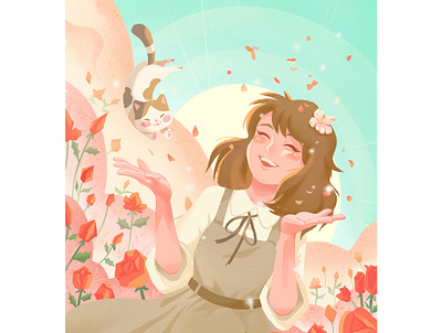 spring girl~ cat dog illustration 人物 女孩 春天 笑 花 花园