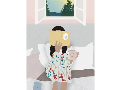 Girl reading in bed 2d graphic design illustration