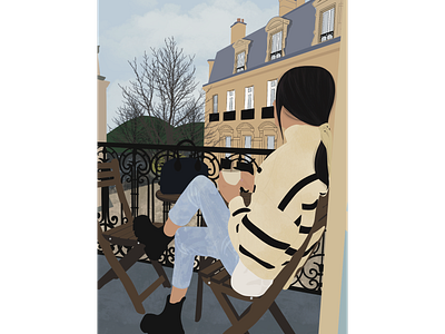 Woman on a balcony in Paris 2d graphic design illustration