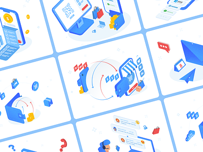 Isometric Illustrations for Payment Platform Project art artwork calendar chat chinese currecy email envelope exchange goods graphic design illustration isometric people shop smartphone support terminal vector wallet